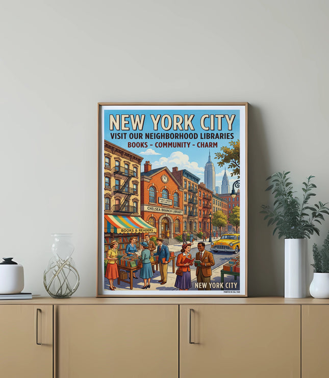 Vintage New York City poster promoting neighborhood libraries and books.