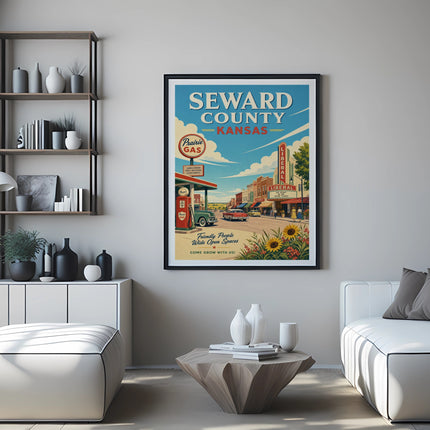 Vintage poster for Seward County, Kansas, featuring a gas station and town street scene.