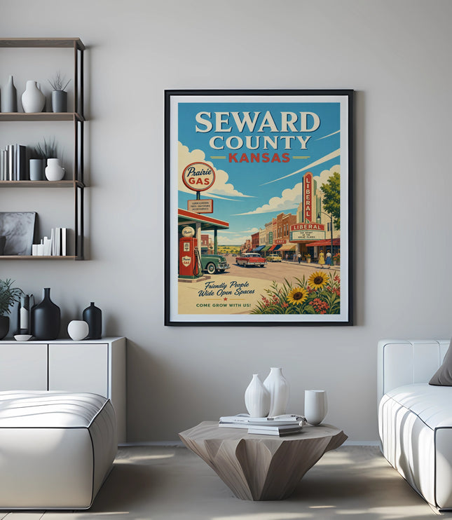 Vintage poster for Seward County, Kansas, featuring a gas station and town street scene.