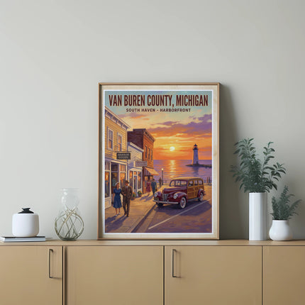 Vintage poster of Van Buren County, Michigan, South Haven Harborfront at sunset.