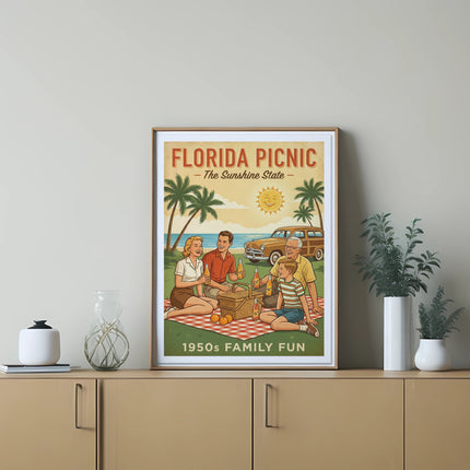 Retro "Florida Picnic: The Sunshine State" poster with family enjoying a sunny day.