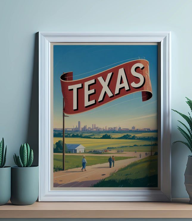 Framed artwork displays "TEXAS" on a red banner above a rural landscape and distant city skyline.