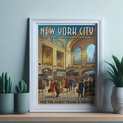 New York City Grand Central Terminal vintage poster of busy commuters.