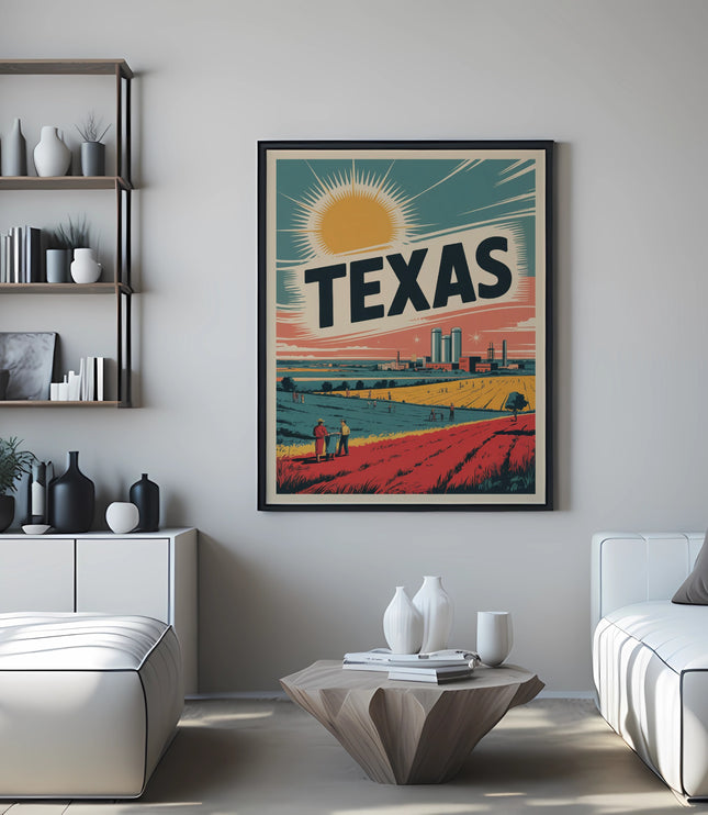 Framed Texas poster displaying a retro landscape with sun and farms.