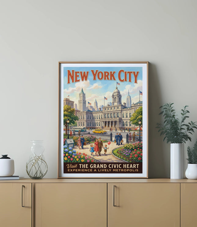 New York City vintage poster featuring a family walking by blooming flowers.