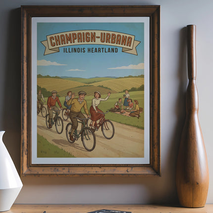 Champaign-Urbana Illinois Heartland poster with people cycling and picnicking.