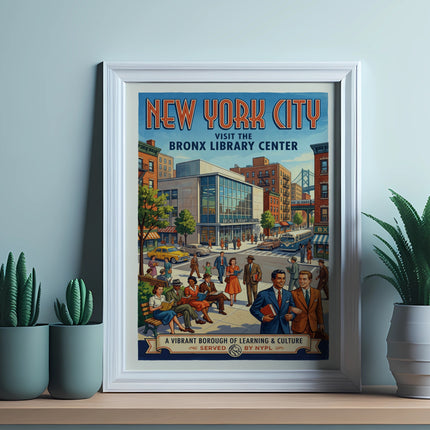 New York City poster for the Bronx Library Center, showing people and buildings.