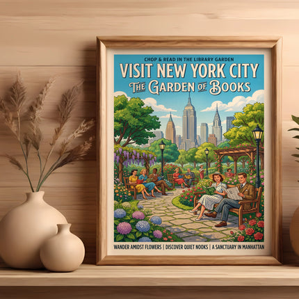 Vintage poster of a New York City library garden with people reading among flowers.