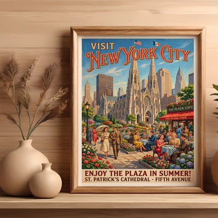 New York City poster featuring St. Patrick's Cathedral, The Plaza Cafe, and people dining.