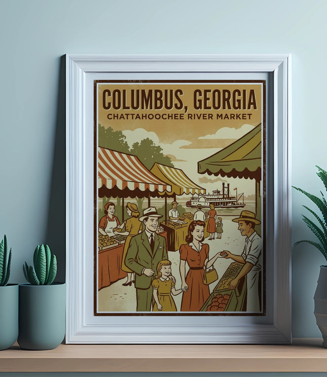 Vintage poster of Columbus, Georgia Chattahoochee River Market with people and market stalls.