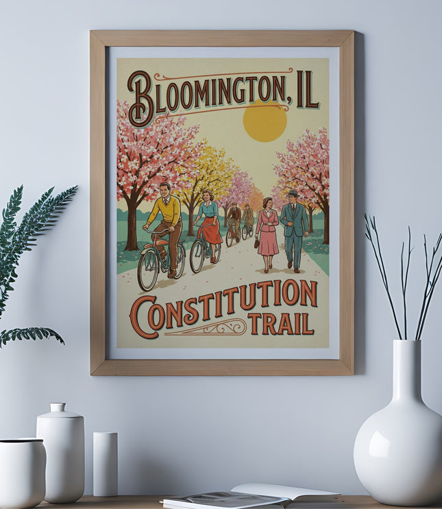 Art print with people cycling and walking on Constitution Trail in Bloomington, IL.