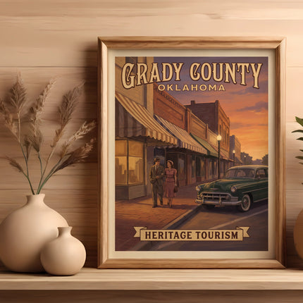 Vintage poster of Grady County, Oklahoma, with "Heritage Tourism" text.