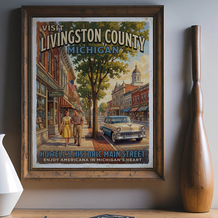 Vintage poster of Howell's Historic Main Street, Livingston County, Michigan.