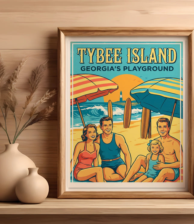 Tybee Island Georgia's Playground vintage travel poster of a smiling family on the beach.