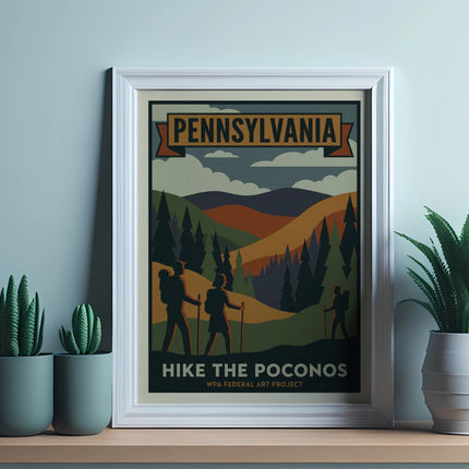 Pennsylvania WPA Federal Art Project poster of hikers in the Pocono Mountains.
