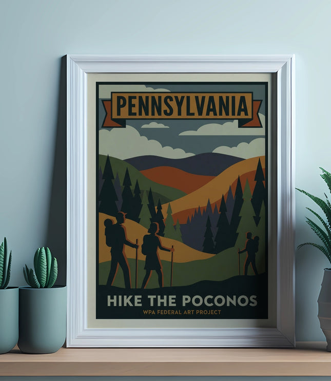 Pennsylvania WPA Federal Art Project poster of hikers in the Pocono Mountains.