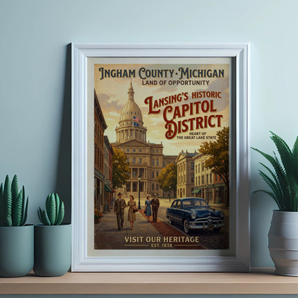 Poster of Lansing's Historic Capitol District with vintage car and people.