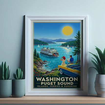 Washington Puget Sound poster: islands, ferries, sunshine, with couple and car.