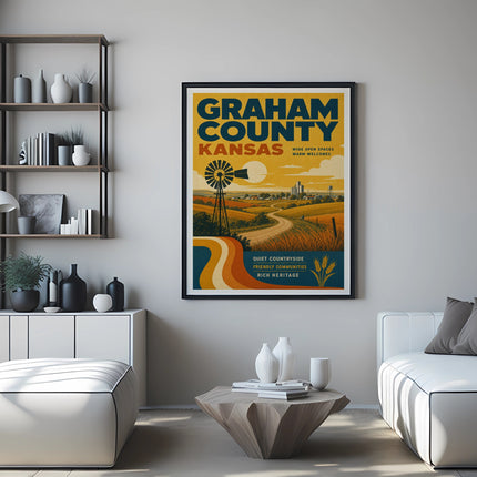 Graham County Kansas travel poster with rolling hills, windmill, and text.