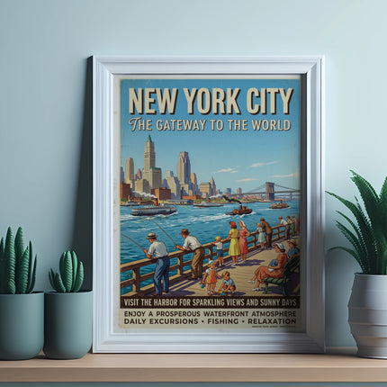 New York City harbor poster with people fishing and enjoying views.