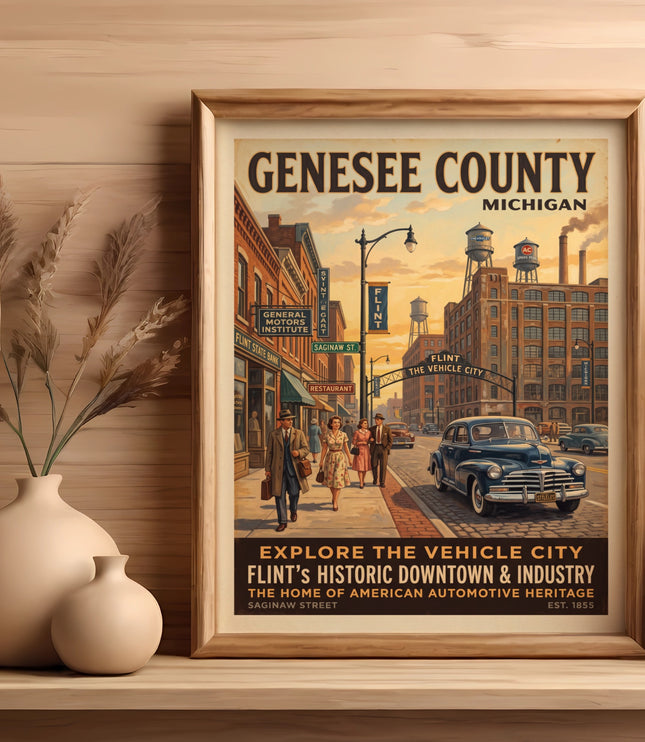 Genesee County Michigan poster showcasing Flint's historic downtown automotive heritage.