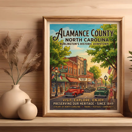 Alamance County North Carolina historic downtown poster with vintage cars and buildings.