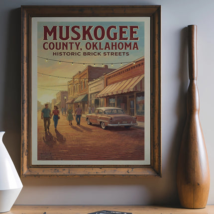 Framed Muskogee County, Oklahoma historic brick streets poster with vintage car.