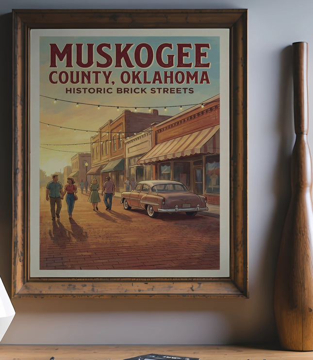 Framed Muskogee County, Oklahoma historic brick streets poster with vintage car.