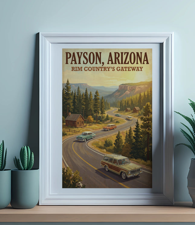 Payson, Arizona Rim Country's Gateway vintage travel poster with cars on a scenic road.