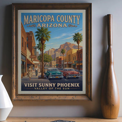 Maricopa County Arizona vintage travel poster with buildings, cars, and palm trees.