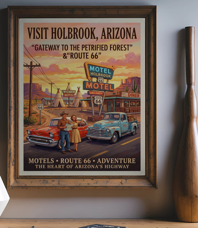 Vintage Route 66 poster featuring Holbrook, Arizona, with a couple next to classic cars.