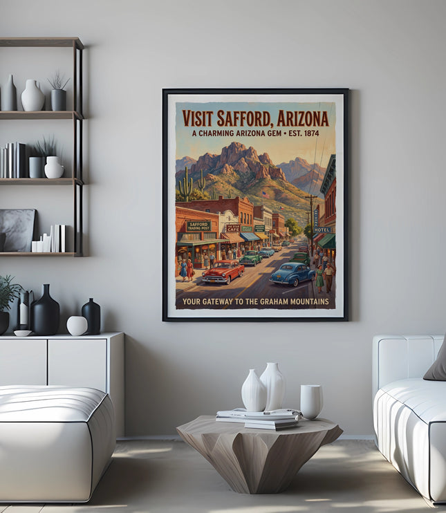 Safford, Arizona retro travel poster showing a street scene with mountains and text.