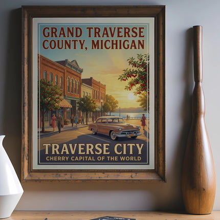 Framed poster with "Grand Traverse County, Michigan" and "Traverse City Cherry Capital" text.