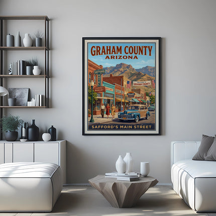 Vintage poster of Safford's Main Street, Graham County, Arizona with classic car.