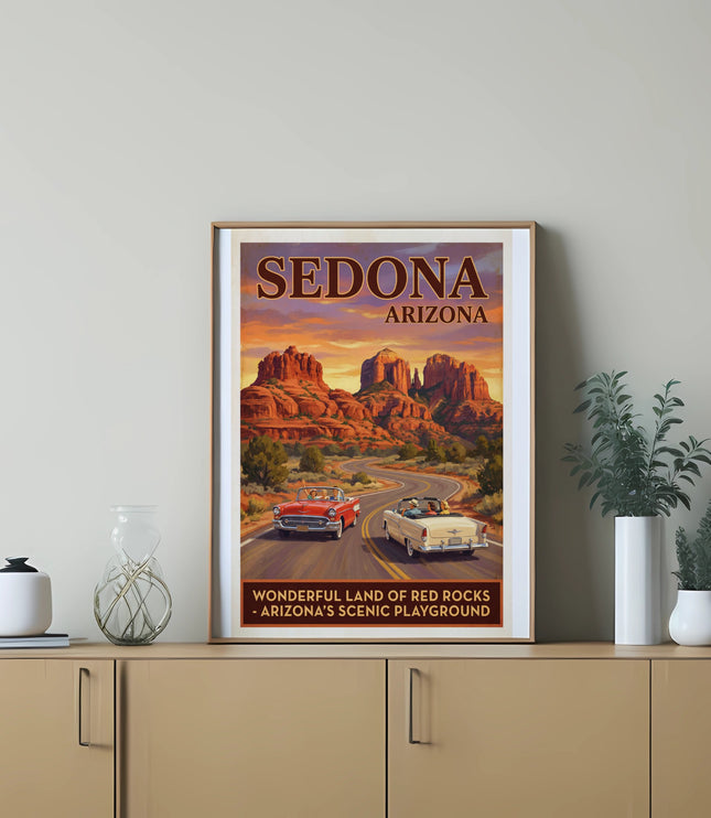 Sedona Arizona travel poster with red rocks and convertible cars.