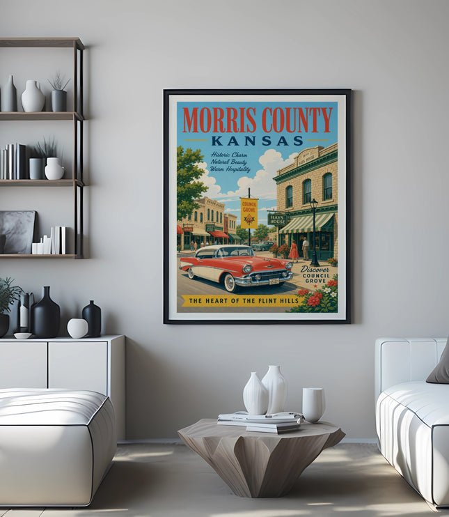 Vintage poster for Morris County, Kansas, featuring Hays House.