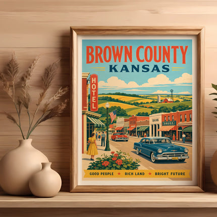 Vintage travel poster of Brown County, Kansas, featuring a town scene with a hotel and drugstore.