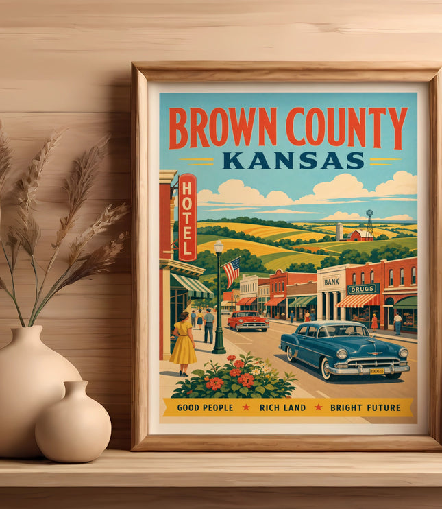 Vintage travel poster of Brown County, Kansas, featuring a town scene with a hotel and drugstore.