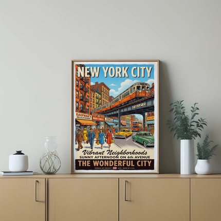 New York City street scene with a vintage train and vibrant buildings.