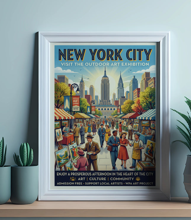 New York City outdoor art exhibition poster featuring skyline and people.