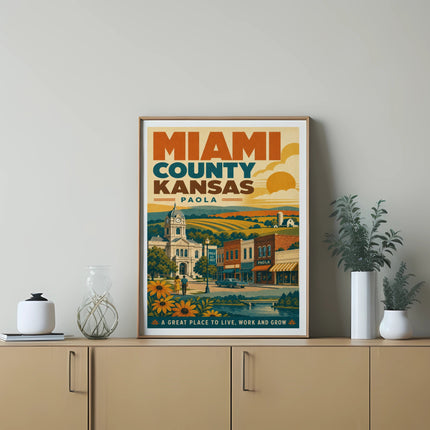 Miami County, Kansas poster with Paola landmarks and sunflowers.