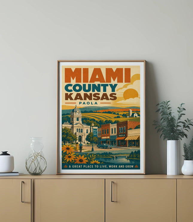 Miami County, Kansas poster with Paola landmarks and sunflowers.