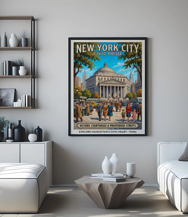 New York City Civic Pride poster featuring the Historic Courthouse and 1940s streets.