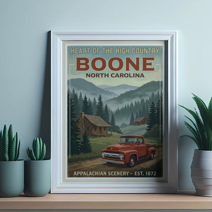 Vintage poster with text "Boone North Carolina Appalachian Scenery - Est. 1872" featuring a red truck.