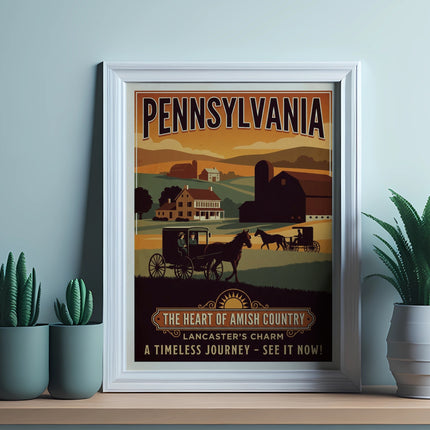 Pennsylvania Amish Country travel poster with horse-drawn carriages.