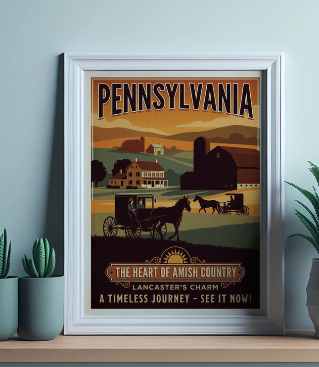 Pennsylvania Amish Country travel poster with horse-drawn carriages.