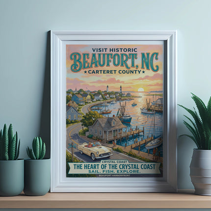 Vintage poster for Beaufort, NC featuring harbor, cars, and text "Visit Historic Beaufort, NC".
