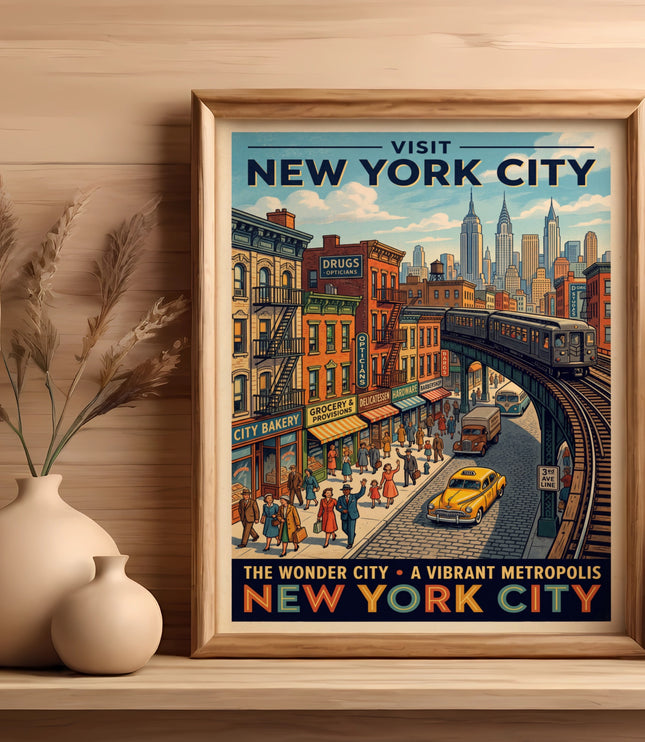 Vintage-style poster of New York City with skyscrapers, elevated train, and street scene.