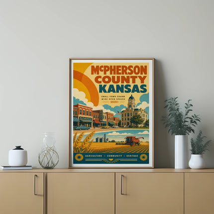 McPherson County Kansas poster with town, fields, and harvest imagery.