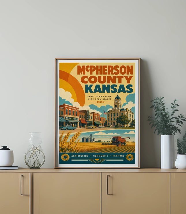 McPherson County Kansas poster with town, fields, and harvest imagery.